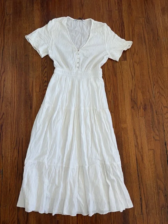 Zara White Tiered V-Neck Maxi Dress Small Boho Festival Bridal - Picture 1 of 6
